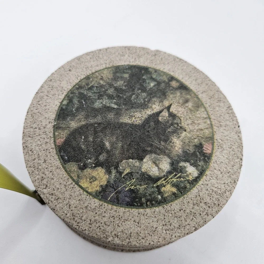 4 Vintage Cat Coasters Natural Sandstone Cork Back *heavy* Grandma Core